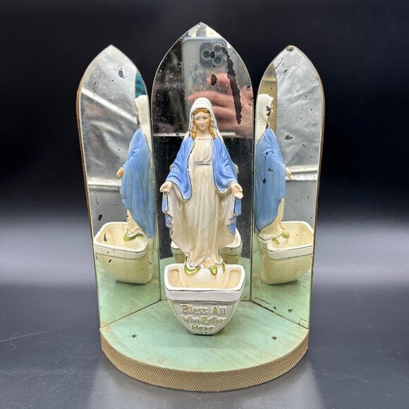 Vintage Holy Water Font Mother Mary Statue 1930s Mirrored Figurine Catholic - Picture 2 of 14